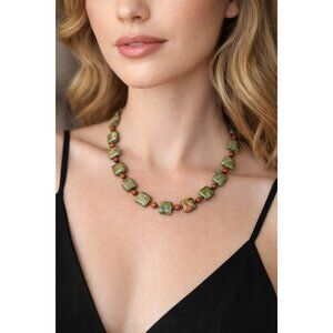 Vintage Unakite Jasper Stone Necklace Green Pink Beaded Boho Statement Adjustabl